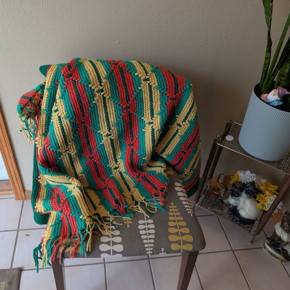 Handmade‎ Crochet Throw Blanket Afghan – Orange Yellow Green Striped w/ Fringe